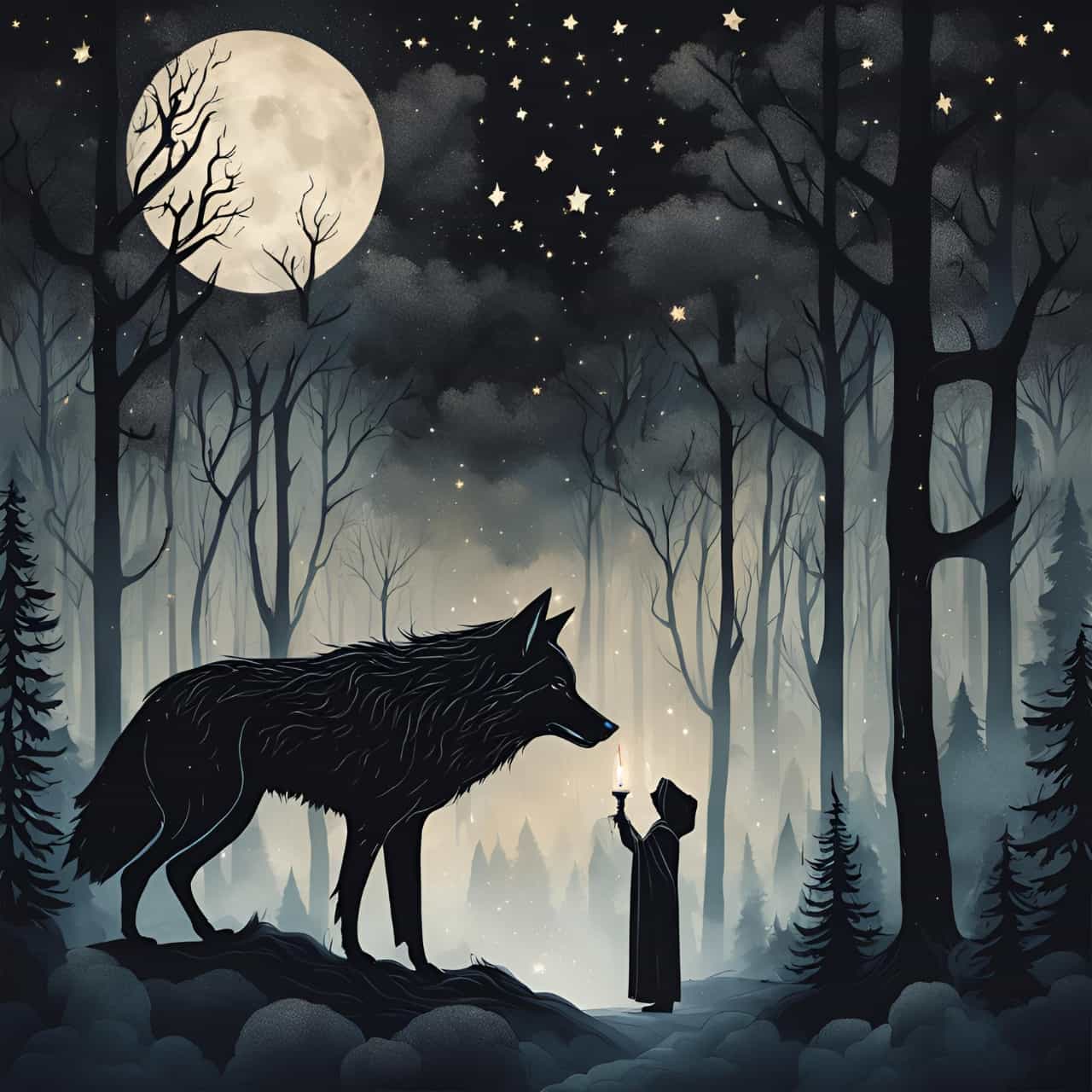 Ai generated image of a person holding a candle up to a big black wolf symbolic of the shadow self