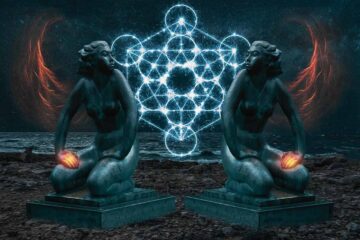 Image of a mystical spiritual alchemy symbol between two statues in front of an ocean representing the unconscious