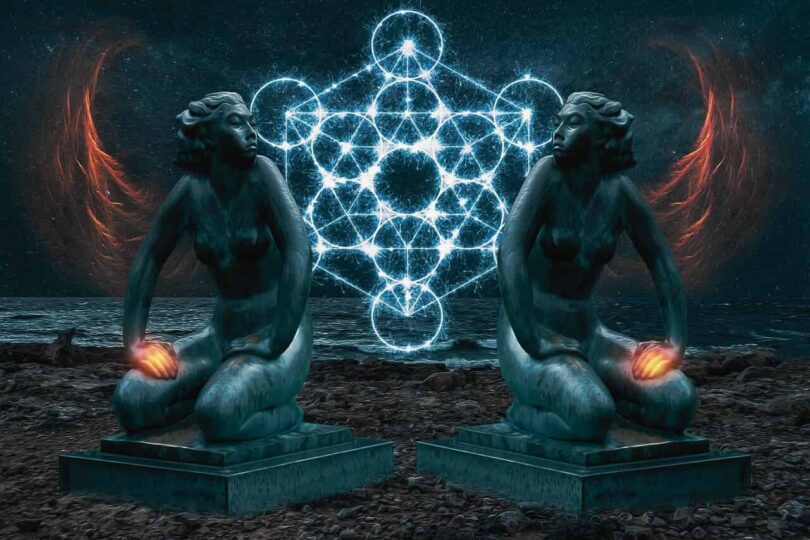 Image of a mystical spiritual alchemy symbol between two statues in front of an ocean representing the unconscious