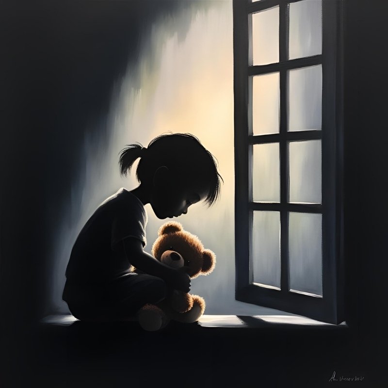 Image of a child cuddling their teddy bear alone