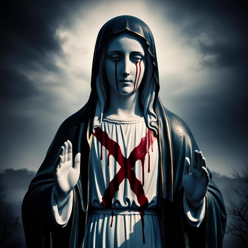 Image of the Virgin Mary with a red cross over her