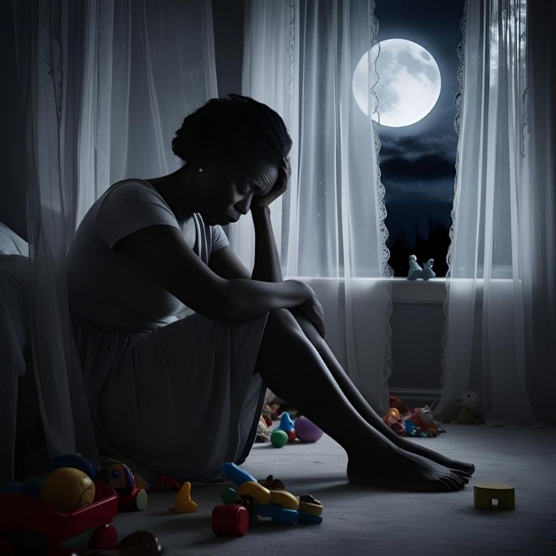 Image of a sad mother sitting alone in her bedroom