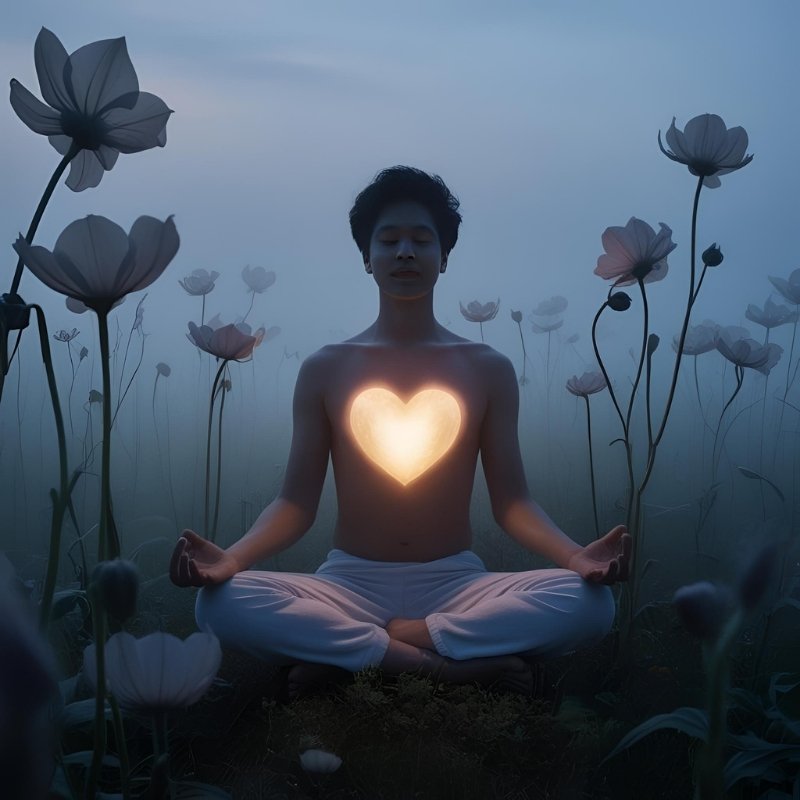 Image of a person meditating and practicing self-love in a field of flowers