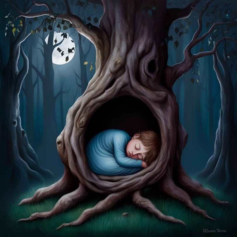 Image of a sad child curled up inside a tree at night symbolic of the mother wound