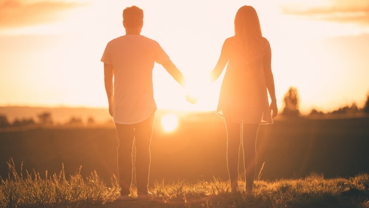 Image of two twin flames holding hands at sunset