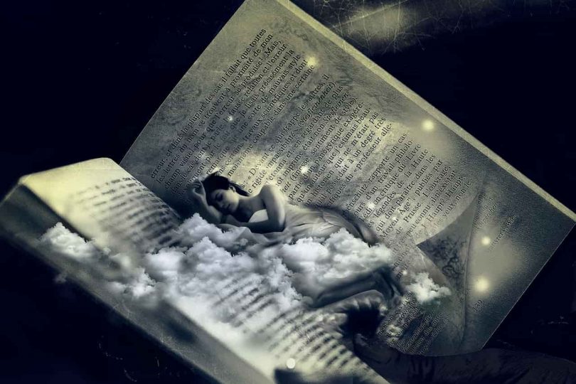 Image of a woman in a surreal book lucid dreaming