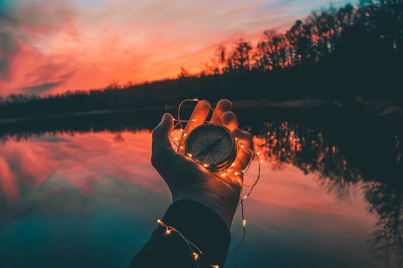 Image of a man holding a compass in front of a lake