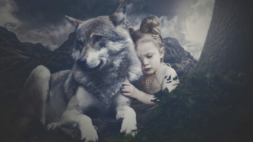 Inner child test image of a child cuddling with a wolf