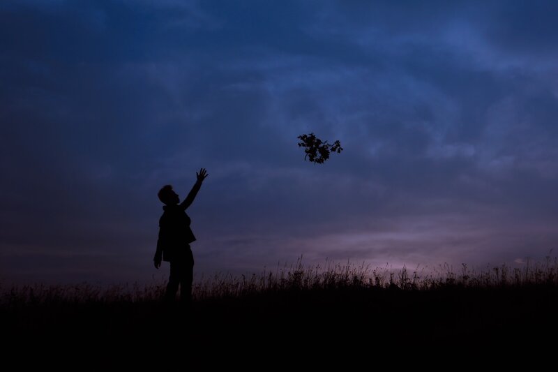 Image of a person letting go of a bunch of flowers