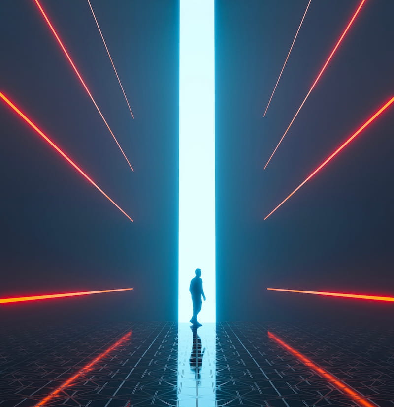 Image of a person walking through a doorway of light