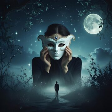 Image of a person wearing a mask in a surreal landscape symbolic of the false identity script
