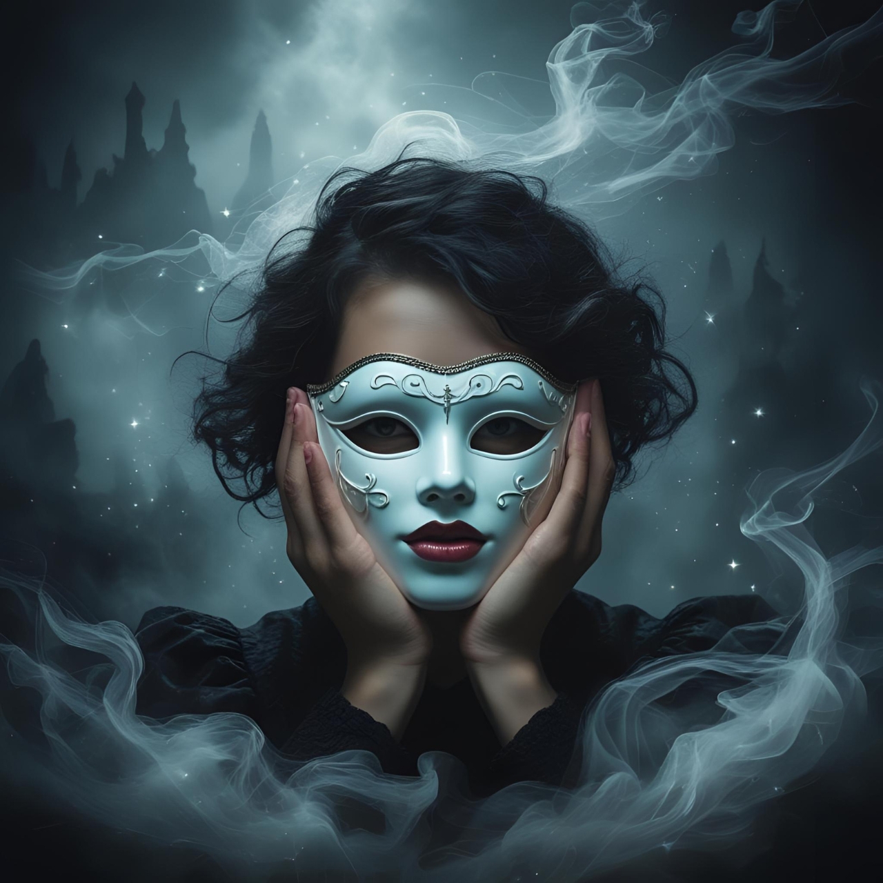 Image of a woman wearing a mask symbolic of the false identity script