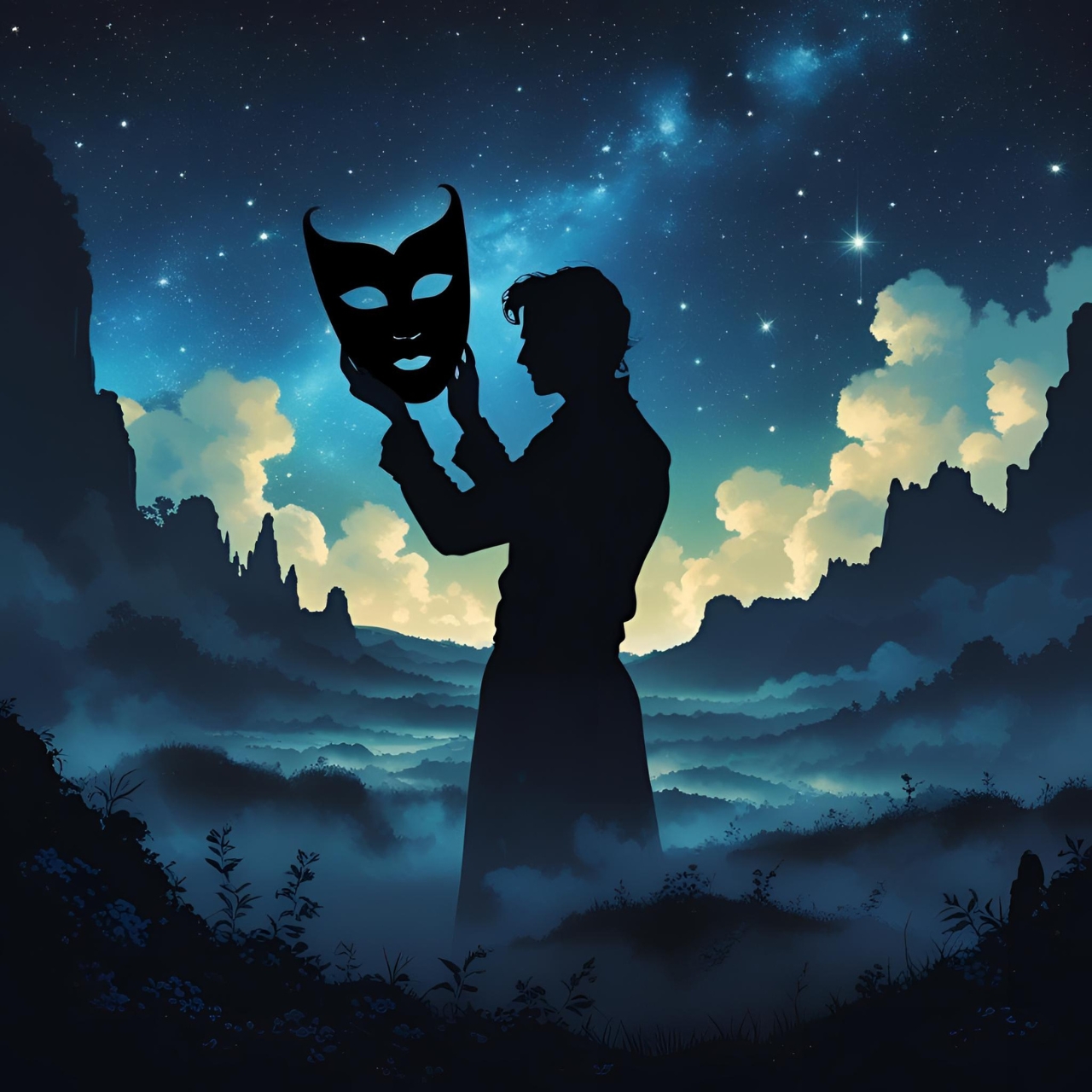 Image of a man holding up a mask in a whimsical landscape symbolic of the false identity script
