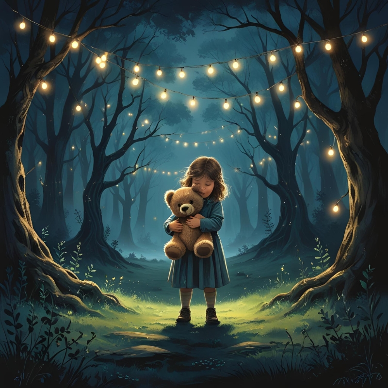 Image of a child holding a teddy bear in a whimsical forest
