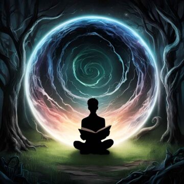 Image of a person reading a book in a circle of light in a dark forest