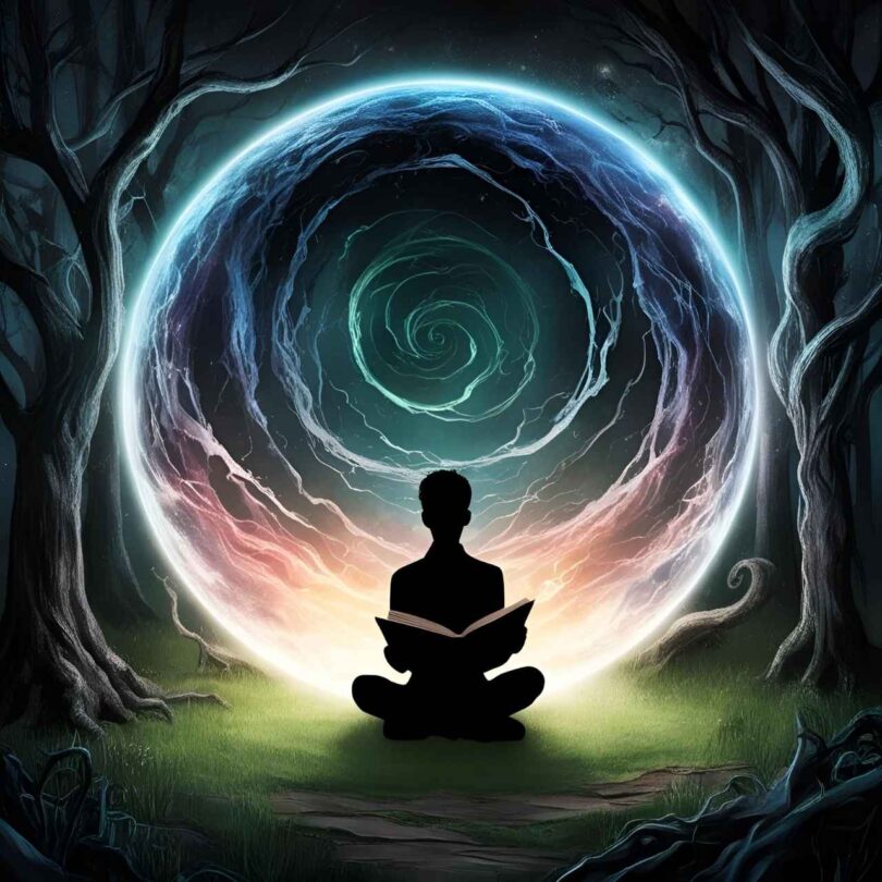 Image of a person reading a book in a circle of light in a dark forest