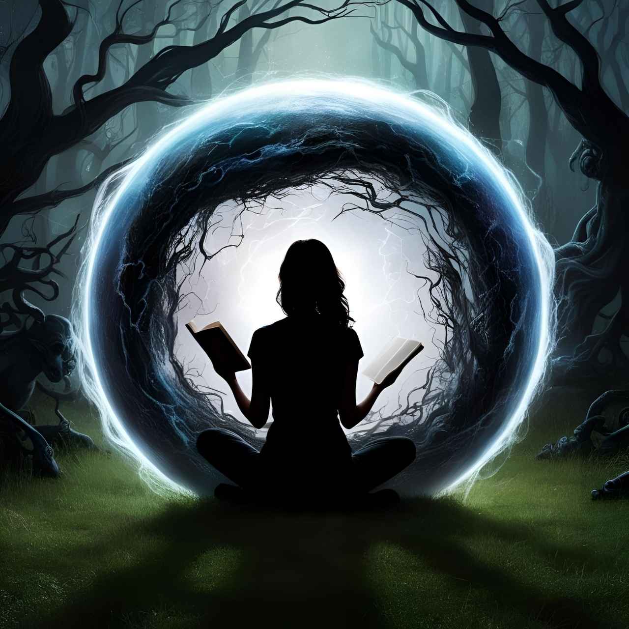Image of a woman reading a book in a circle of light in a dark forest