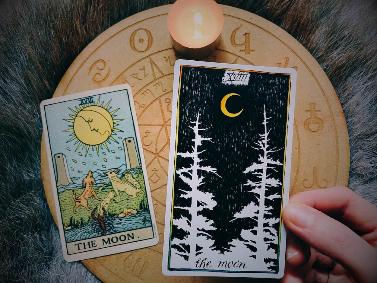 Image of the MOON card from the tarot surrounded by stones and bones symbolic of tarot shadow work