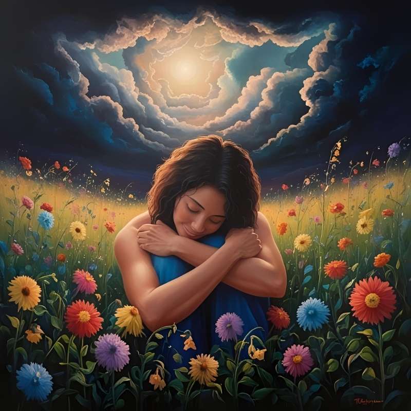 Image of a woman sitting alone in a field of flowers hugging herself practicing self-love
