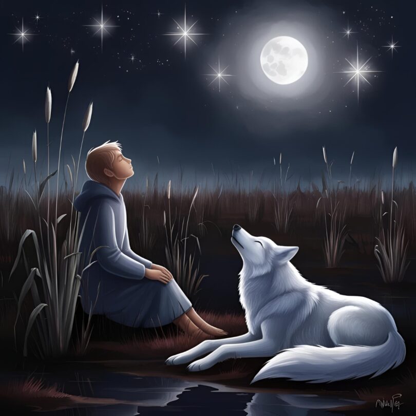 Image of a person sitting alone with a wolf gazing at the night sky symbolic of losing your friendships due to the awakening path