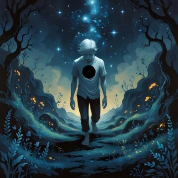 Image of a person struggling with soul loss walking in a woodland with a hole in their heart