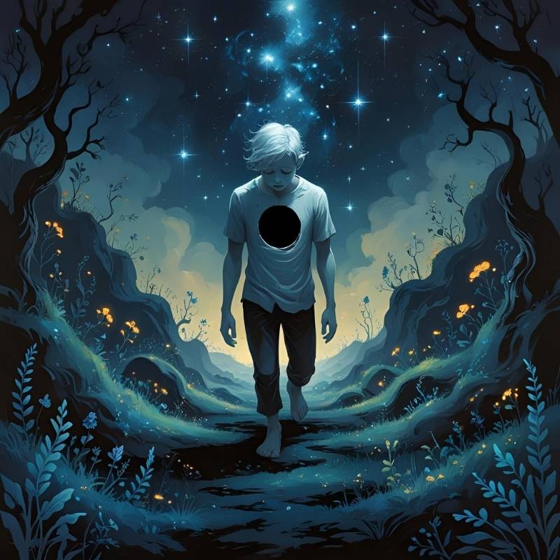 Image of a person struggling with soul loss walking in a woodland with a hole in their heart