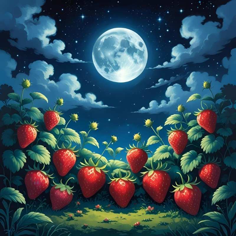 Image of a patch of strawberries growing under the strawberry full moon
