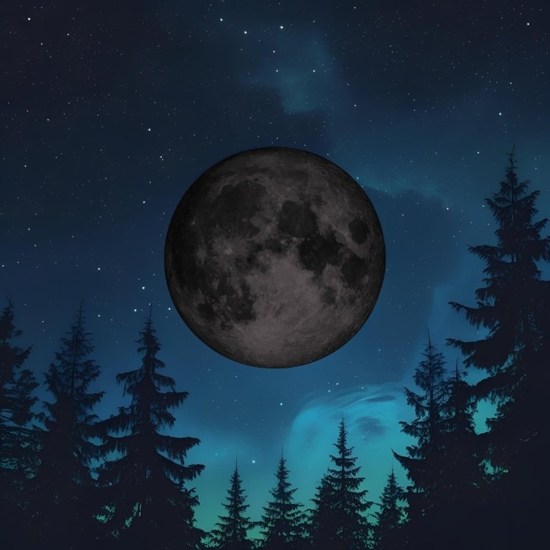 A Black Moon in the night sky with an aurora borealis