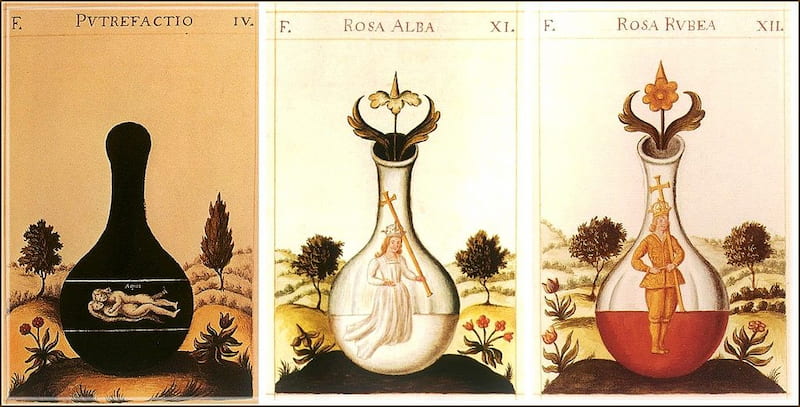 Image that depicts the three stages of alchemy: nigredo, albedo, and rubedo