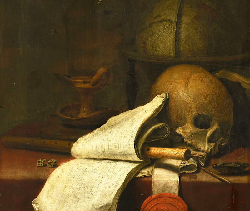 Painting of a skull and parchment