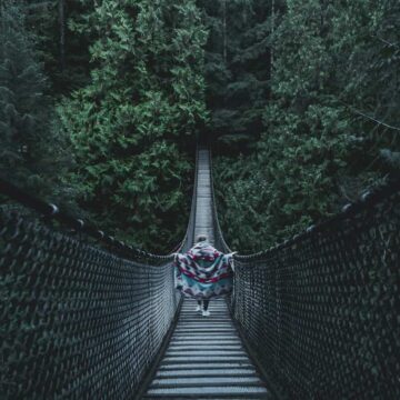 Image of a person walking down a bridge in a forest symbolizing healing alone