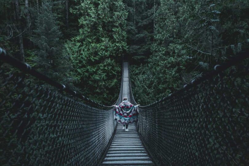 Image of a person walking down a bridge in a forest symbolizing healing alone