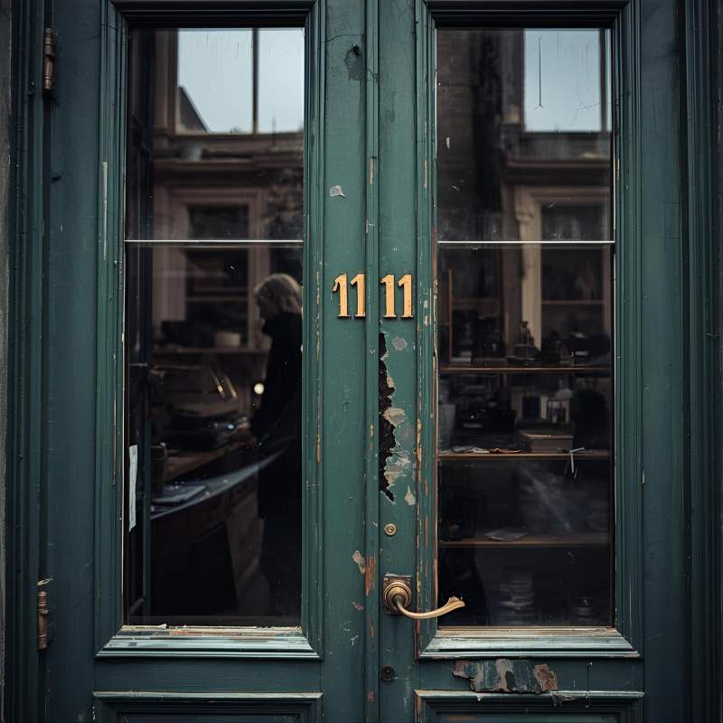 Image of an old fashion door with the numbers 1111 on them
