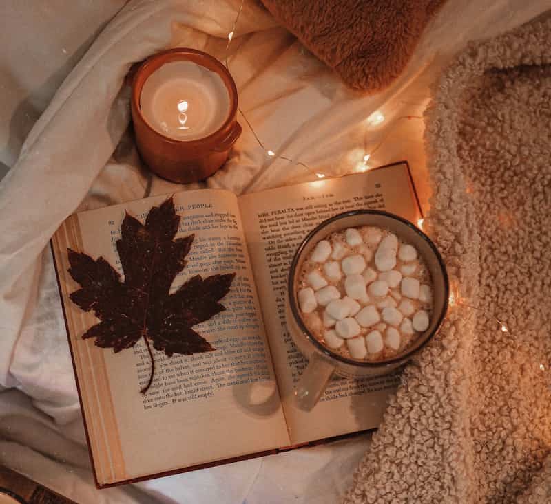 A cozy image of a book, hot chocolate with marshmallows, and a candle symbolizing the power of healing alone