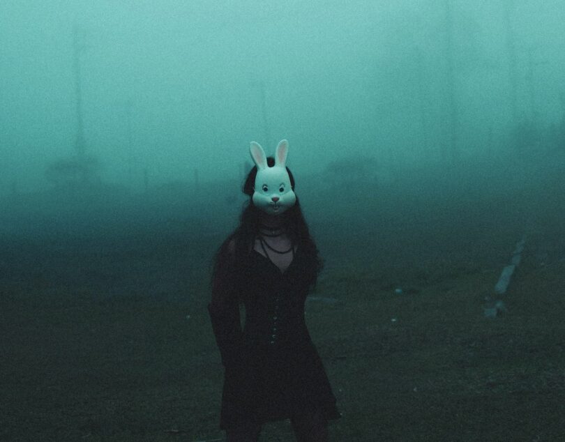 Image of a person wearing a rabbit mask who is trying to be normal but is experiencing soul loss