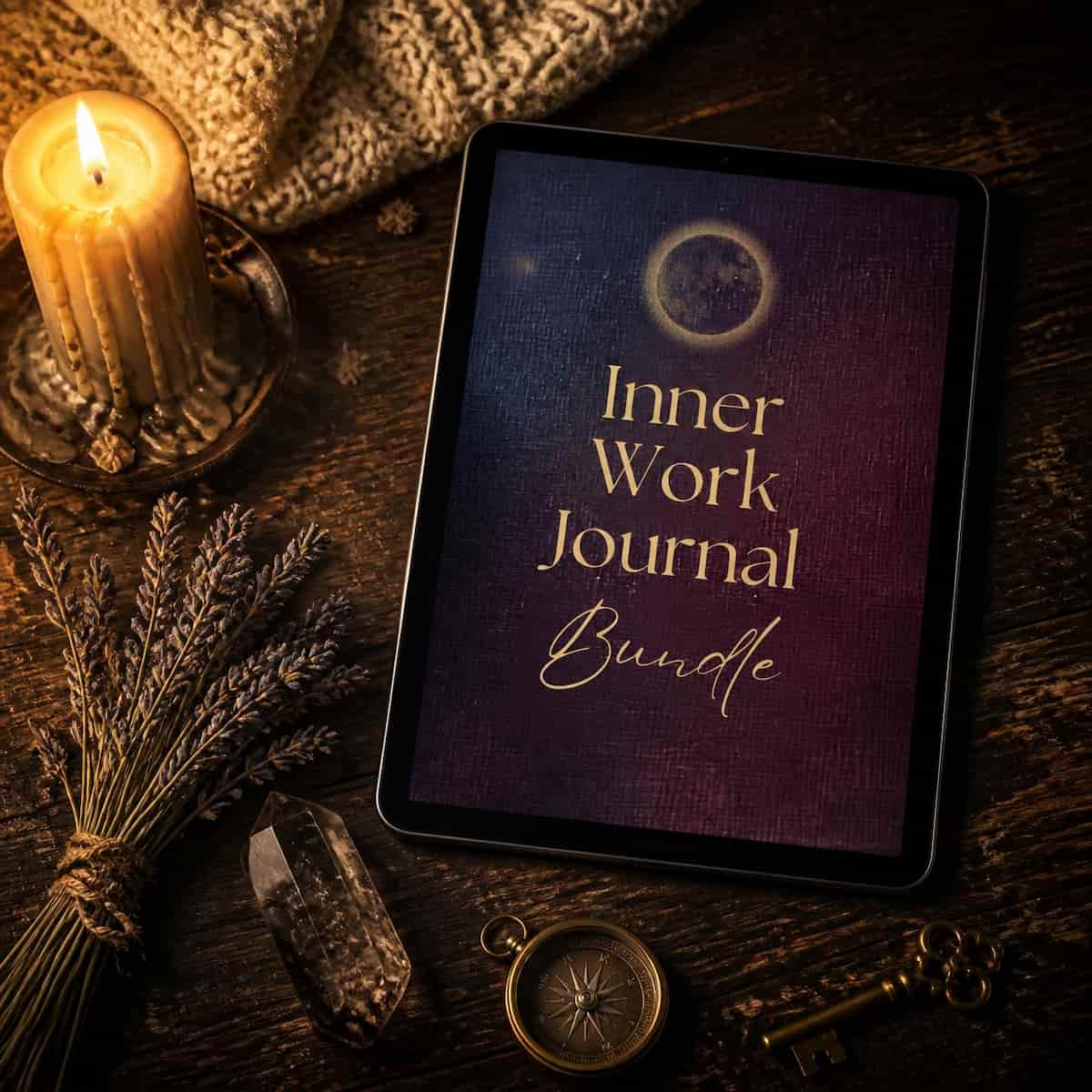 ipad with inner work journal bundle on an ipad and a candle