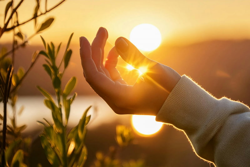 image of a person's hands touching a plant in the sunlight symbolic of solitude as a spiritual path